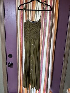 Shore smocked bodice, button-front midi dress, Color Olive green